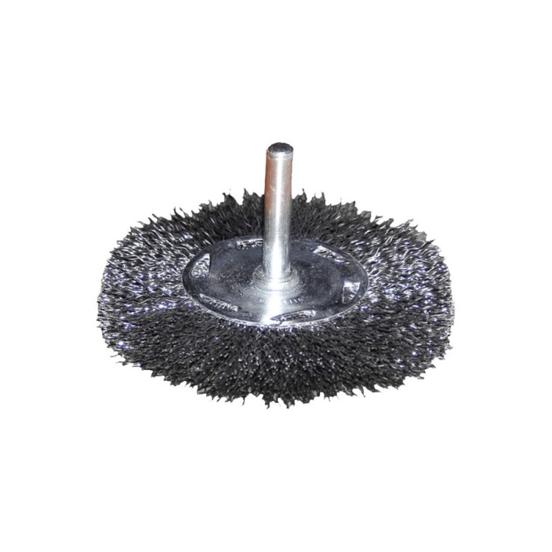 Brosse métal sur tige 6mm fil ondulé Ø70 mm