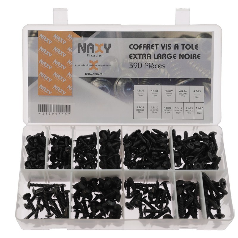 Coffret vis à tole extra large noire empreinte TX 390PCS