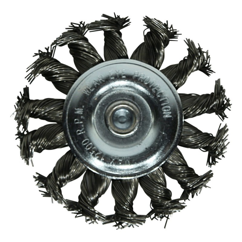 Brosse métal sur tige 6mm fil torsadé Ø 100mm 4500TR/MIN